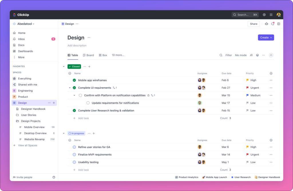 Design et interface ClickUp 3.0