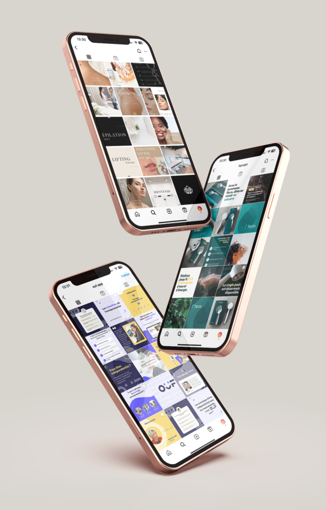 3 smartphones qui présentent des feed Instagram différents