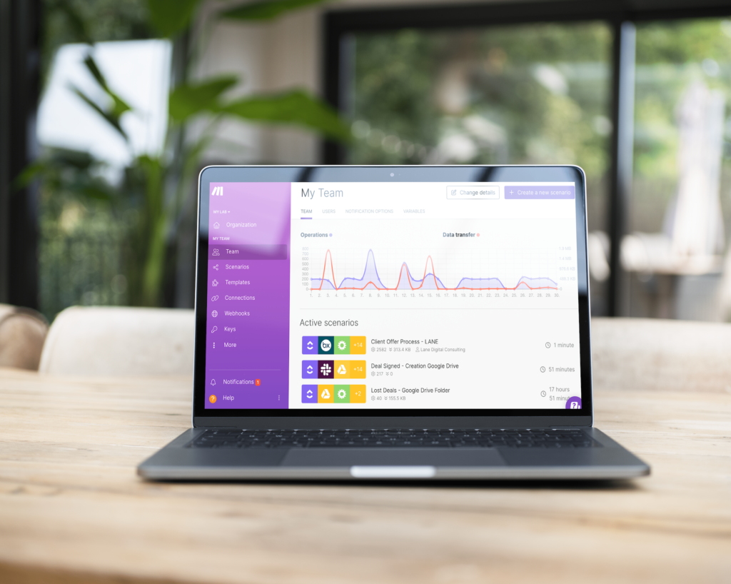 Écran d'ordinateur portable sur lequel est affiché un scénario MAKE